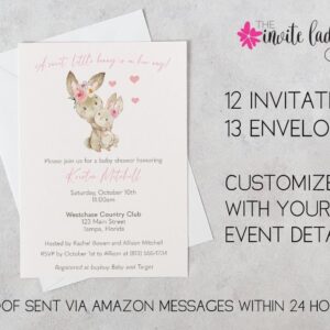 Bunny Baby Shower Invitations Watercolor Water Color Bunnies Mommy and Me Sprinkle Personalized Gender Neutral Ivory Printed Customized Personalized Invites (12 Count)