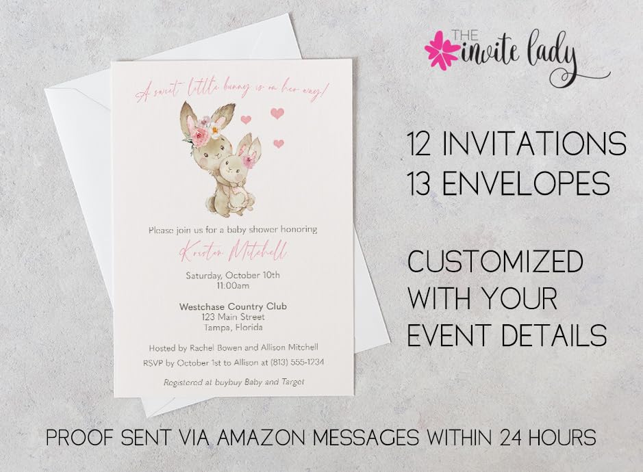 Bunny Baby Shower Invitations Watercolor Water Color Bunnies Mommy and Me Sprinkle Personalized Gender Neutral Ivory Printed Customized Personalized Invites (12 Count)