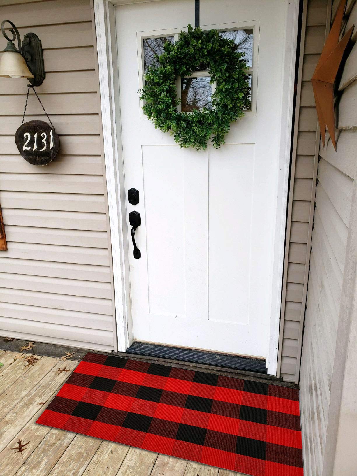 UKELER Buffalo Plaid Rug 2'×3'- Cotton Outdoor Rug Washable Buffalo Check Doormat, Red and Black Plaid