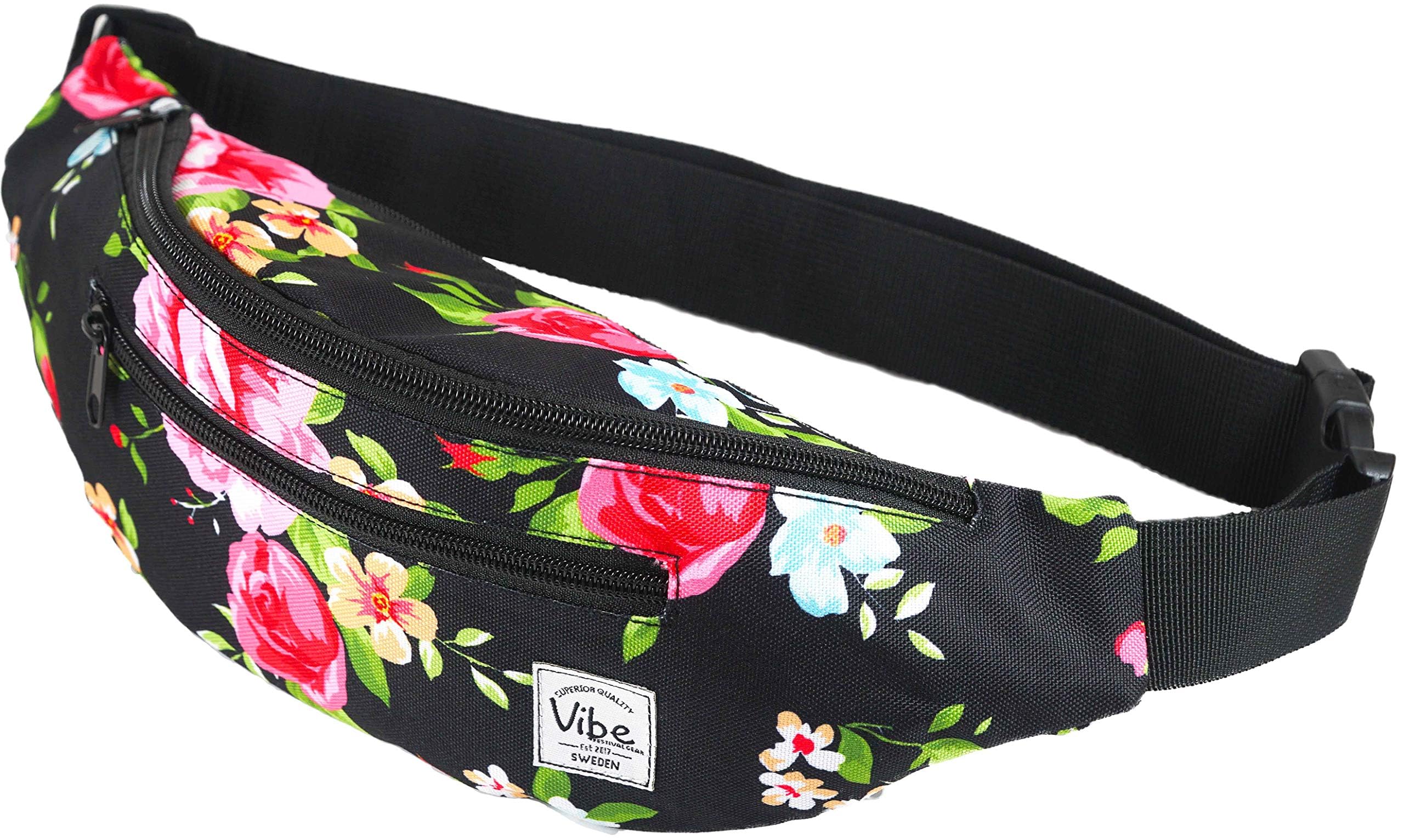 Vibe FESTIVAL GEAR Fanny Pack for Men Women - Many Prints - Black Holographic Silver Gold Cute Waist Bag for Festival Rave Hiking Running Cycling