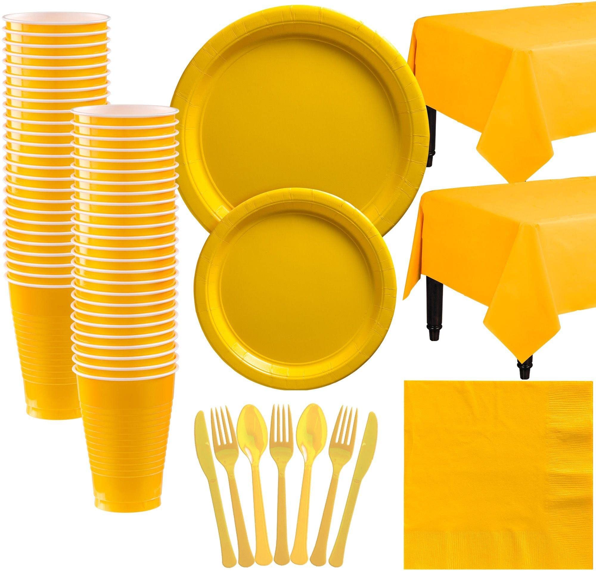 Party City Big Party Pack Sunshine Yellow Paper Tableware Party Supplies for 50 Guests, Includes Table Covers and More