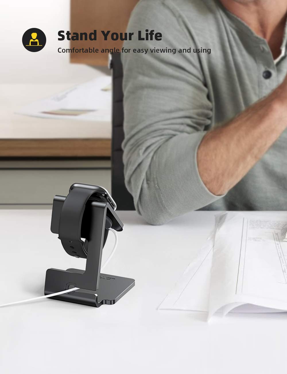 Lamicall Stand for Apple Watch, Charging Stand - Desk Watch Stand Holder Charging Dock Station compatible with Apple Watch Series SE Ultra/Series 8/7/6/5/4/3/2/1, 49mm/45mm/44mm/42mm/41mm/ 38mm, Black