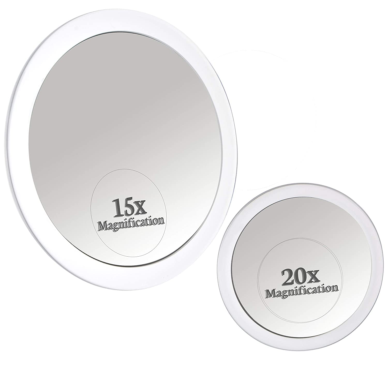 MIRRORVANA 20X & 15X Magnifying Mirror Set with 3 Suction Cups Each - Compact & Travel Ready Mirror for Makeup - Sizes: 6" and 4" Wide