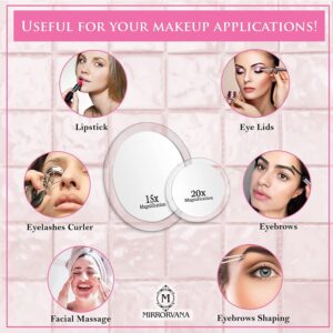 MIRRORVANA 20X & 15X Magnifying Mirror Set with 3 Suction Cups Each - Compact & Travel Ready Mirror for Makeup - Sizes: 6" and 4" Wide