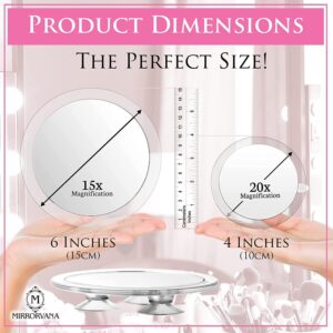 MIRRORVANA 20X & 15X Magnifying Mirror Set with 3 Suction Cups Each - Compact & Travel Ready Mirror for Makeup - Sizes: 6" and 4" Wide