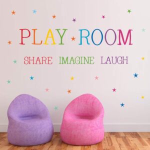 playroom share imagine laugh wall sticker, inspirational quote wall decals,colorful stars playroom sticker for wall classroom nursery decoration