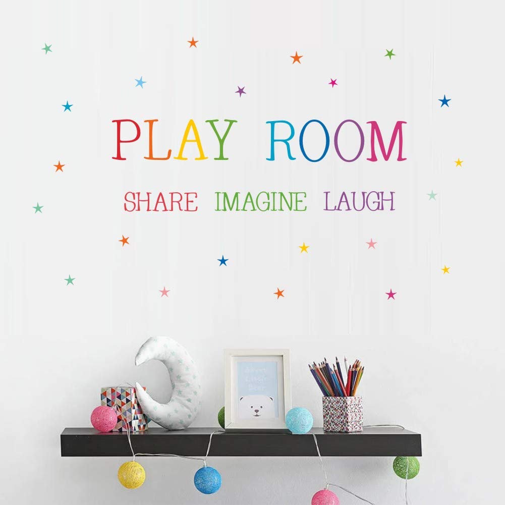 Playroom Share Imagine Laugh Wall Sticker, Inspirational Quote Wall Decals,Colorful Stars Playroom Sticker for Wall Classroom Nursery Decoration