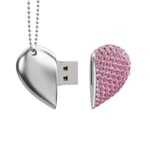 raoyi 64gb heart shape usb 2.0 flash drive crystal memory stick thumb drive pen drive jump drive jewelry pendant necklace with key chain-pink