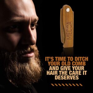 Folding Wooden Comb - 100% Solid Beech Wood - Fine Tooth Pocket Sized Beard, Mustache, Head Hair Brush Combs for Men With Any Hair Types - Travel, Styling & Detangler