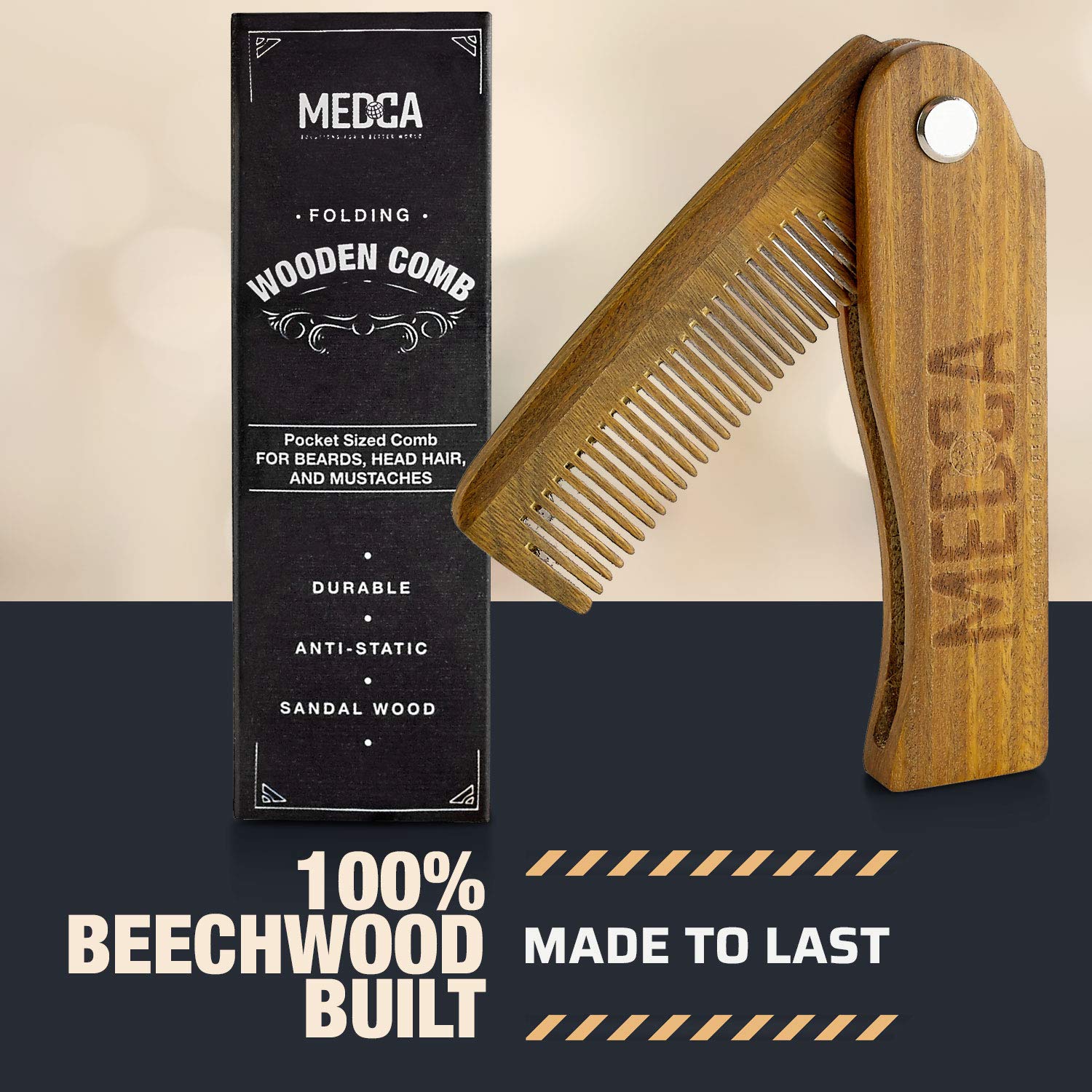 Folding Wooden Comb - 100% Solid Beech Wood - Fine Tooth Pocket Sized Beard, Mustache, Head Hair Brush Combs for Men With Any Hair Types - Travel, Styling & Detangler