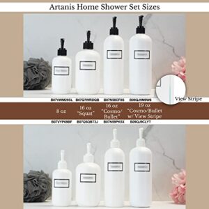 Artanis Home Silkscreened Empty Shower Bottle Set for Shampoo, Conditioner, and Body Wash, Squat 16 oz 3-Pack, White (Black Pumps)