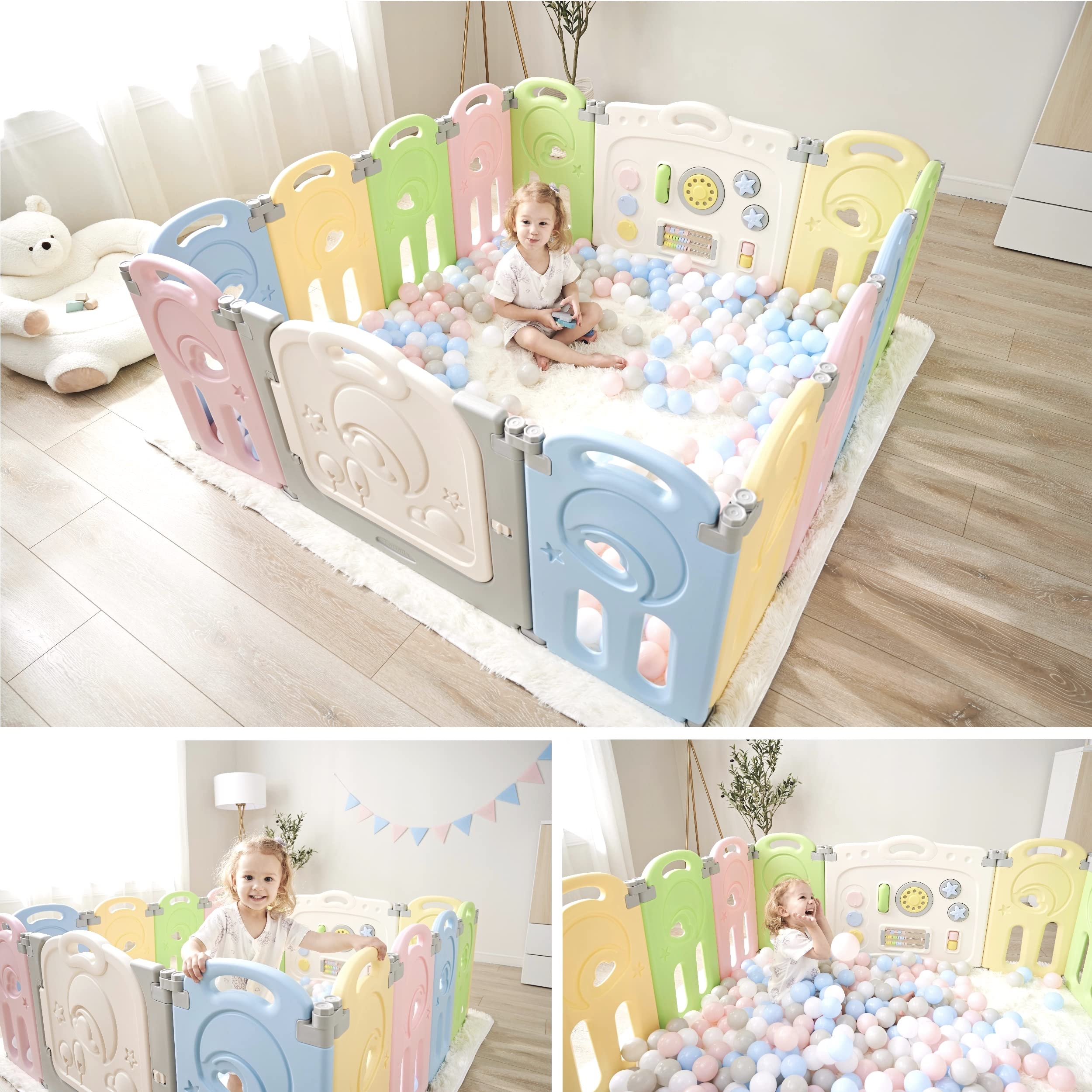 Fortella Cloud Castle Foldable Playpen, Baby Safety Play Yard with Whiteboard and Activity Wall, Indoors or Outdoors (Multicolor 14 Panel)