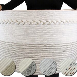 Cotton Rope Storage Basket - XXL Basket 20"X14", Large Decorative Baskets for Blankets in Living Room,Throw Blanket Basket, Large Blanket Basket for Living Room, Off White-Brown Stitches