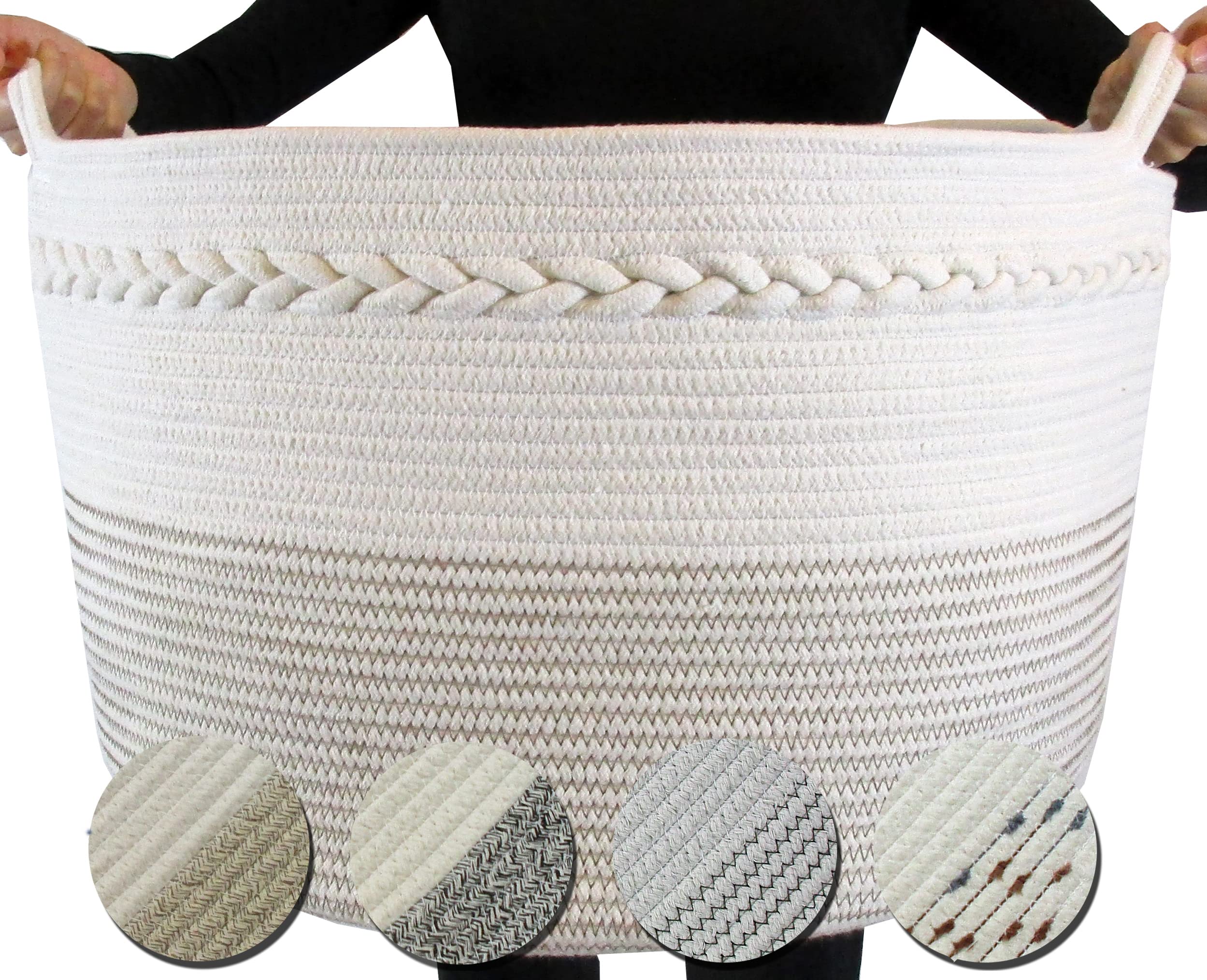 Cotton Rope Storage Basket - XXL Basket 20"X14", Large Decorative Baskets for Blankets in Living Room,Throw Blanket Basket, Large Blanket Basket for Living Room, Off White-Brown Stitches