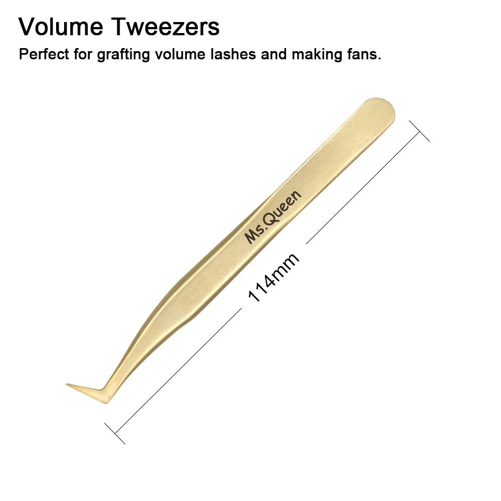 Ms.Queen Eyelash Extension Tweezers Set-Precision Tweezers for 2D-6D Volume&Individual False Lashes Extensions with PU Storage Case-Golden (Volume Tweezers/M003-2)