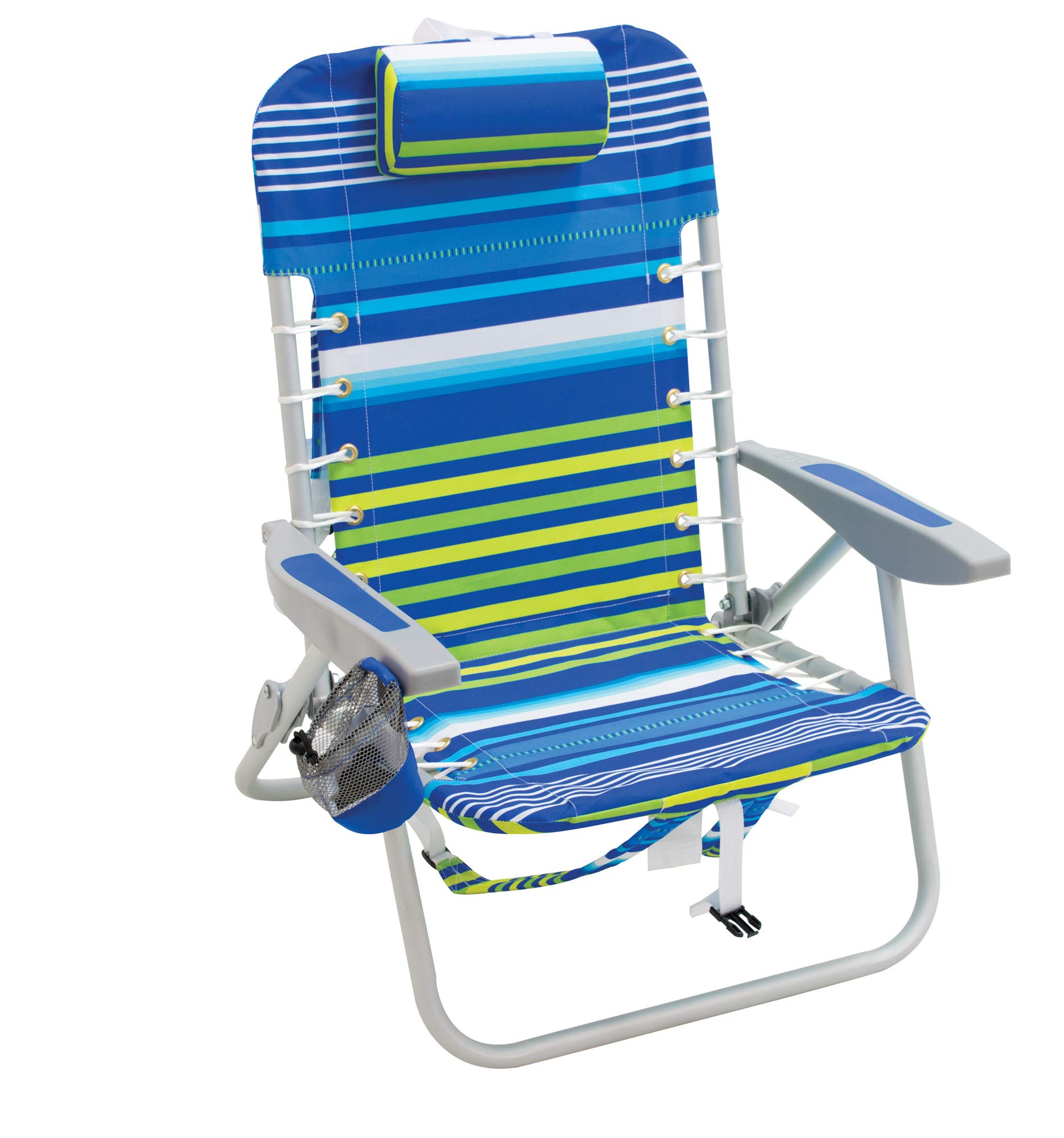 Rio Brands Beach 4-PRio Beach 4-Position Backpack Lace-Up Suspension Folding Beach Chair - Blue/Green Stripe , 24" x 24.75" x 33"