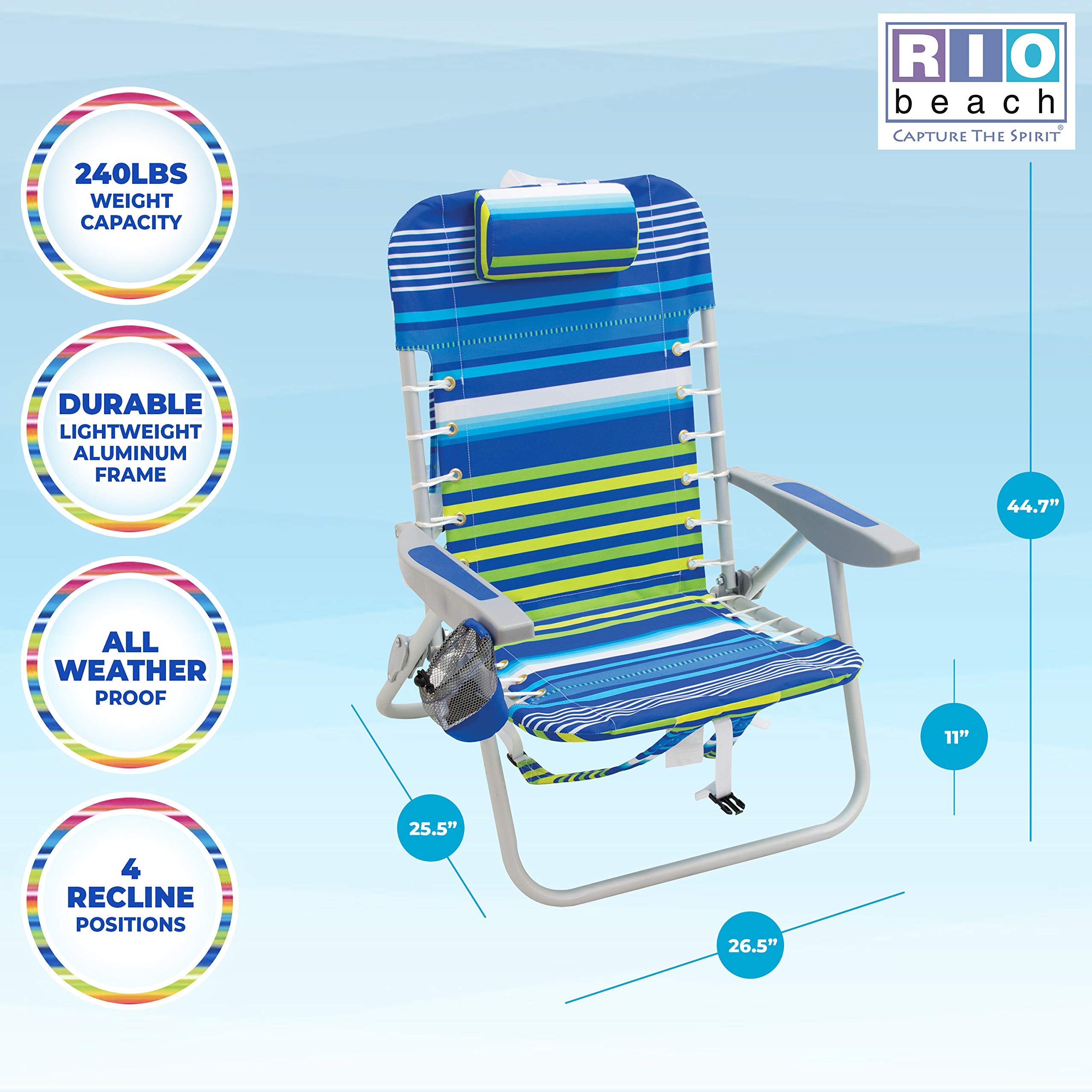 Rio Brands Beach 4-PRio Beach 4-Position Backpack Lace-Up Suspension Folding Beach Chair - Blue/Green Stripe , 24" x 24.75" x 33"