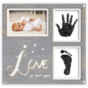 1dino premium baby handprint and footprint kit - 12.6” x 12.2" white/grey wood baby picture frame - includes 2x clean touch ink pad for baby hand and footprints - baby registry, baby shower gifts