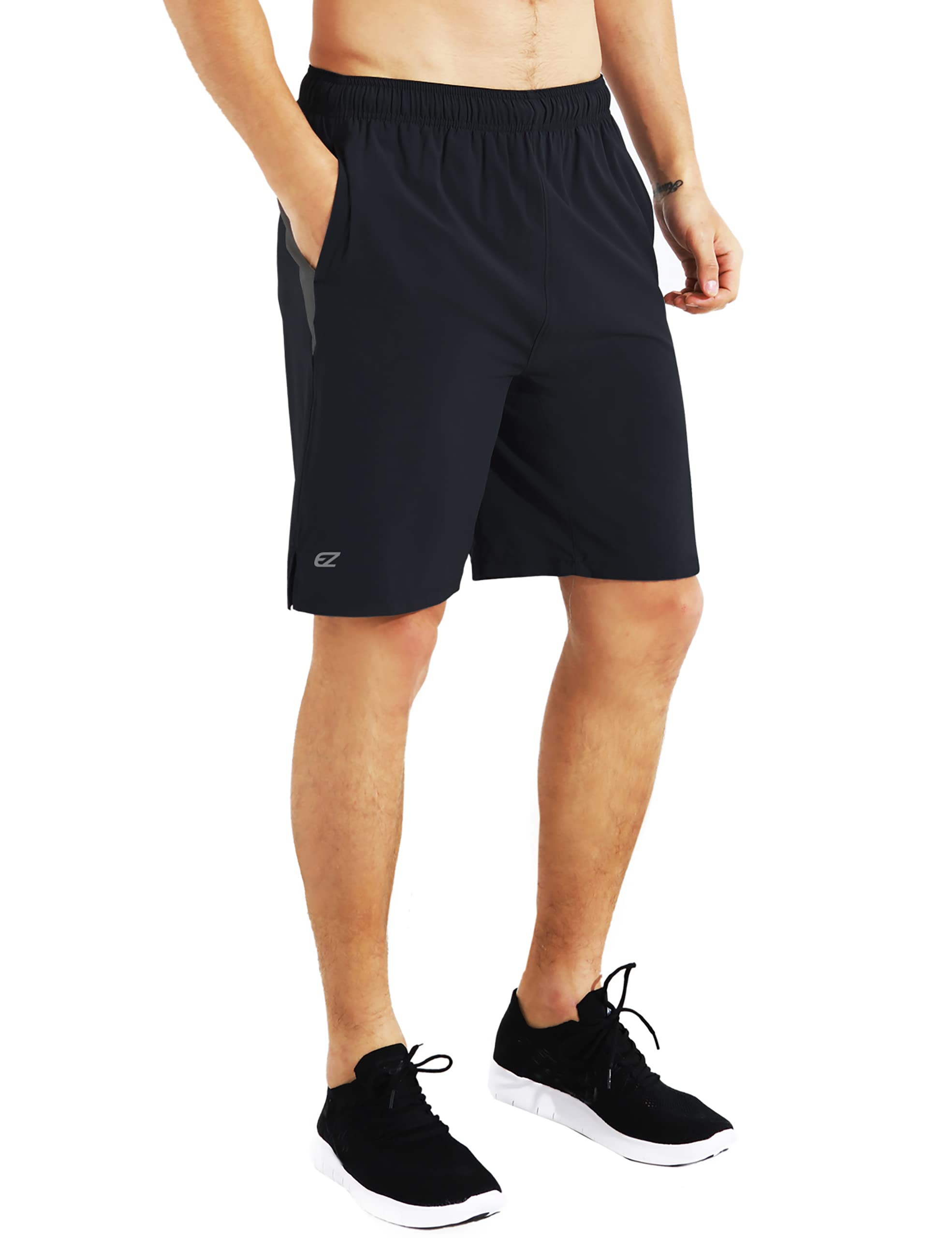 EZRUN Mens 9 Inch Lightweight Running Workout Shorts with Liner Loose-Fit Gym Shorts for Men with Zipper Pockets(Black,L)