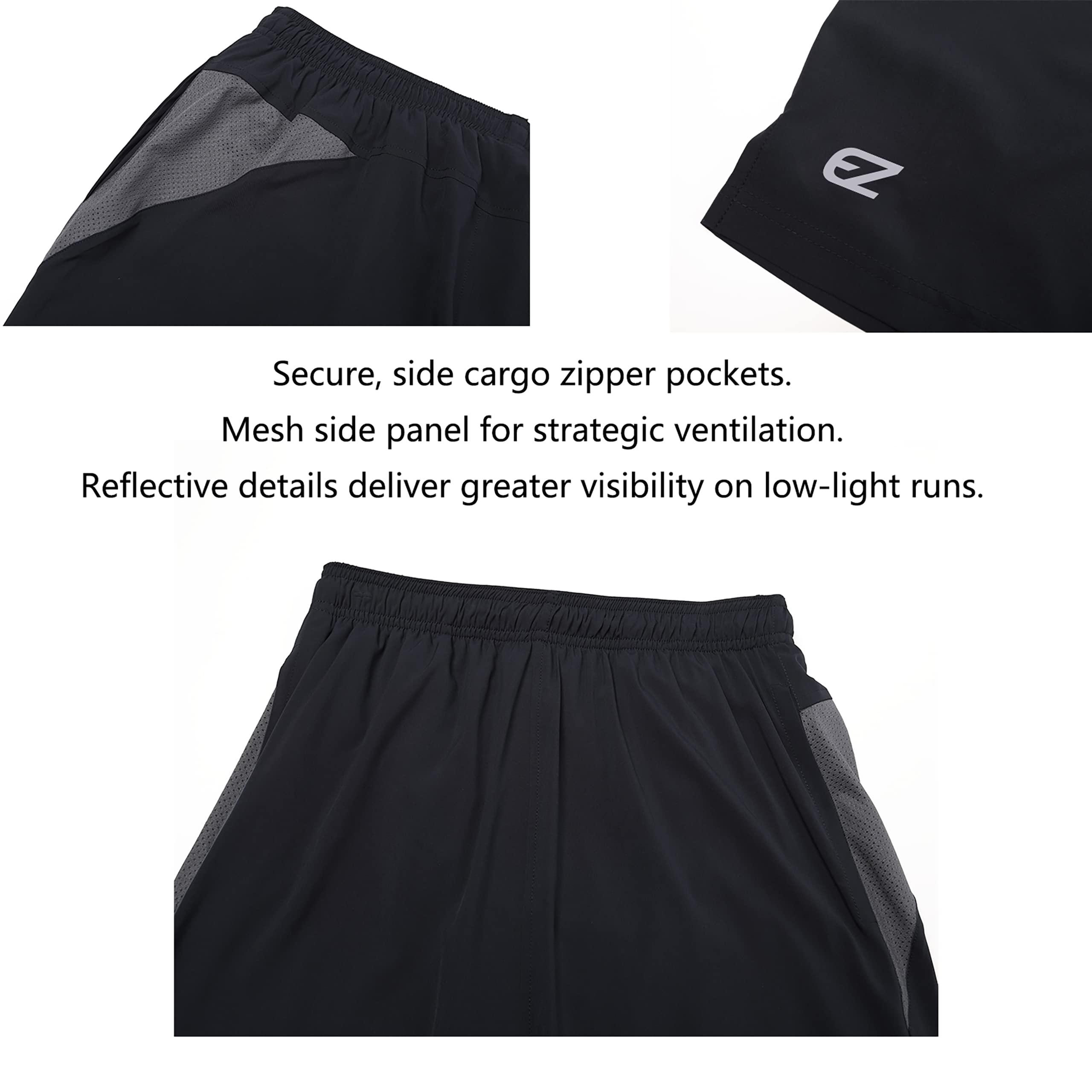 EZRUN Mens 9 Inch Lightweight Running Workout Shorts with Liner Loose-Fit Gym Shorts for Men with Zipper Pockets(Black,L)