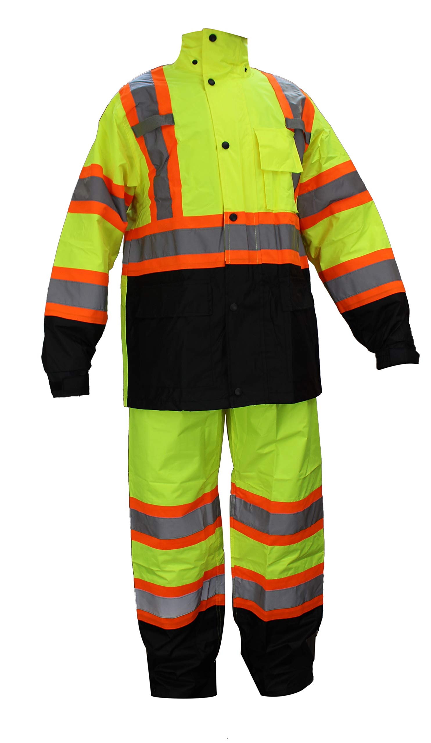 New York Hi-Viz Workwear RK Safety RW-CLA3-TLM55 Class 3 Rain suit, Jacket, Pants High Visibility Reflective Black Bottom with X Pattern(2XL, Lime)