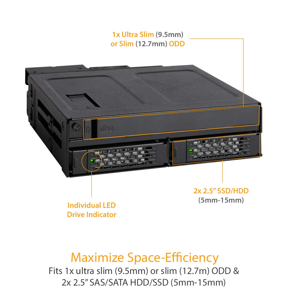 ICY DOCK 2 Bay 2.5 SAS/SATA SSD/HDD & (Ultra) Slim Optical Disk Drive CD DVD ROM Backplane Enclosure for 5.25" Bay | ToughArmor MB602SPO-B