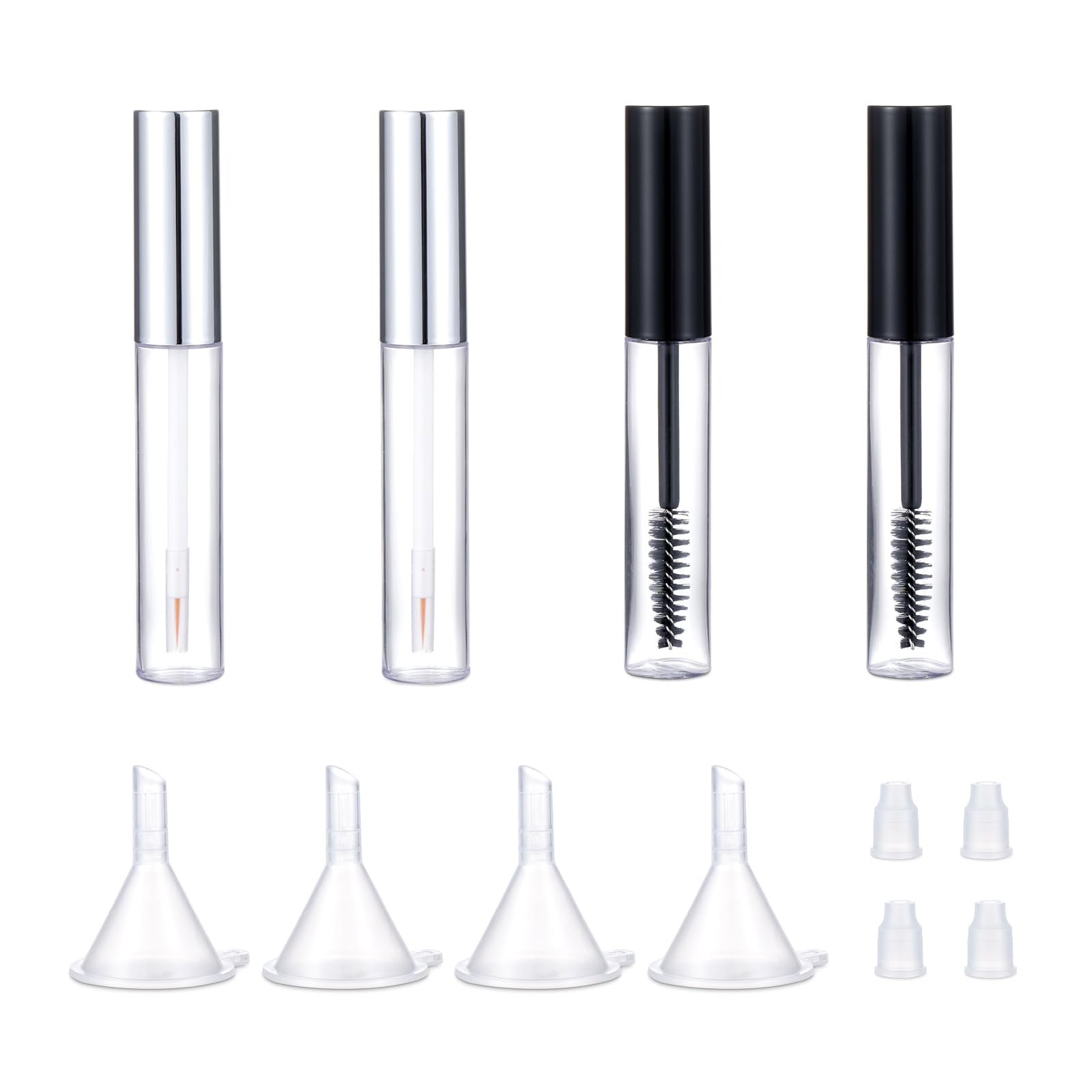 8ml Mascara Tube Empty and Wand Eyelash Cream Container Bottle 7ml Transparent Empty Mascara and Eyeliner Tubes with Rubber Inserts and Funnels Set for Castor Oil DIY Mascara（Silver, Black)