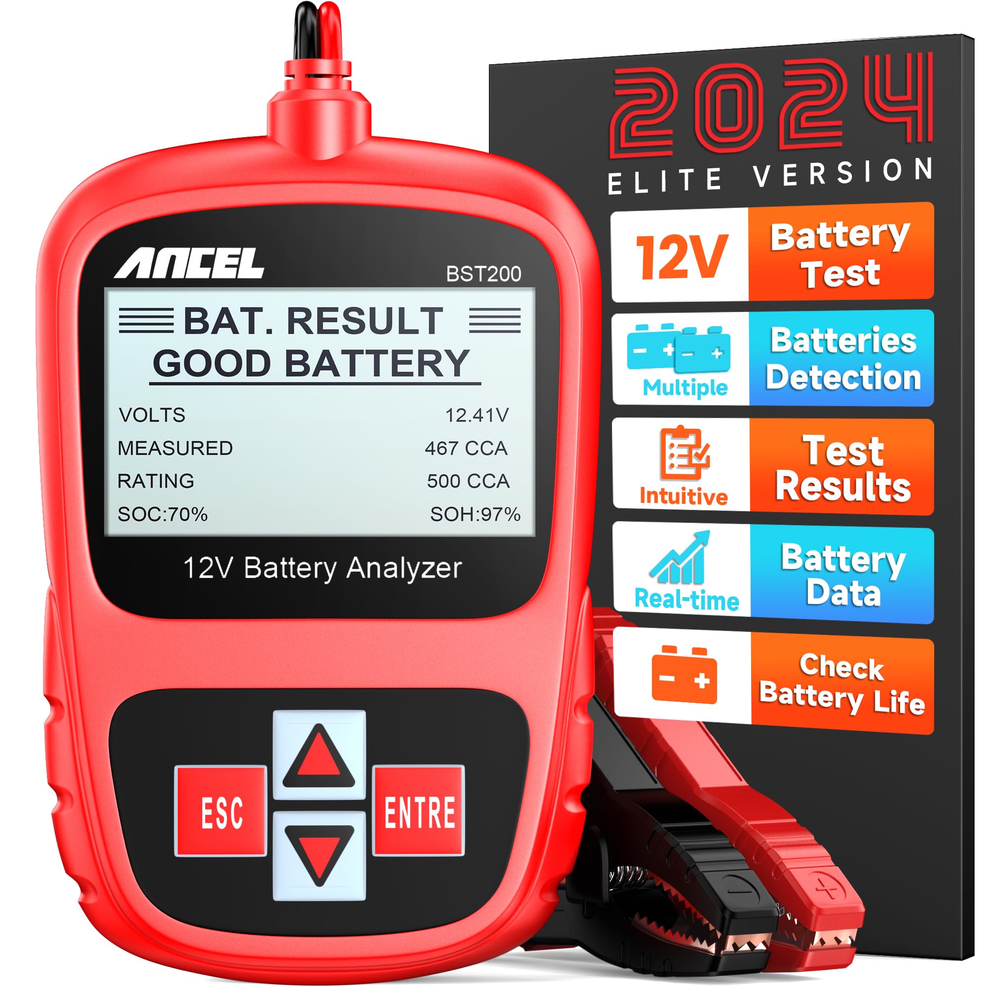 ANCEL BST200 Car Battery Tester 12V 100-1100 CCA Automotive Bad Cell Load Test Tool Digital Analyzer Tester for Car Truck Motorcycle SUV Boat and More