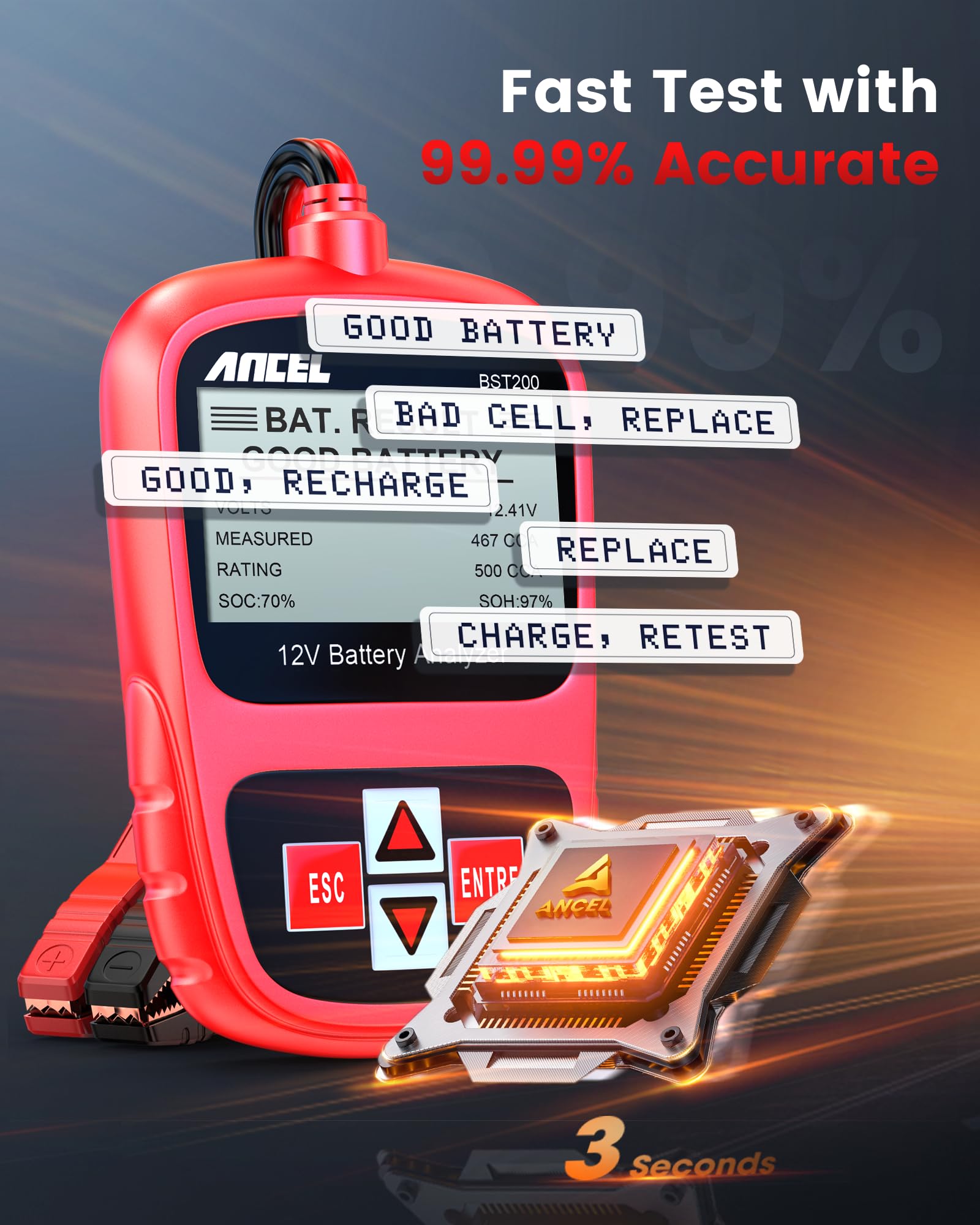 ANCEL BST200 Car Battery Tester 12V 100-1100 CCA Automotive Bad Cell Load Test Tool Digital Analyzer Tester for Car Truck Motorcycle SUV Boat and More