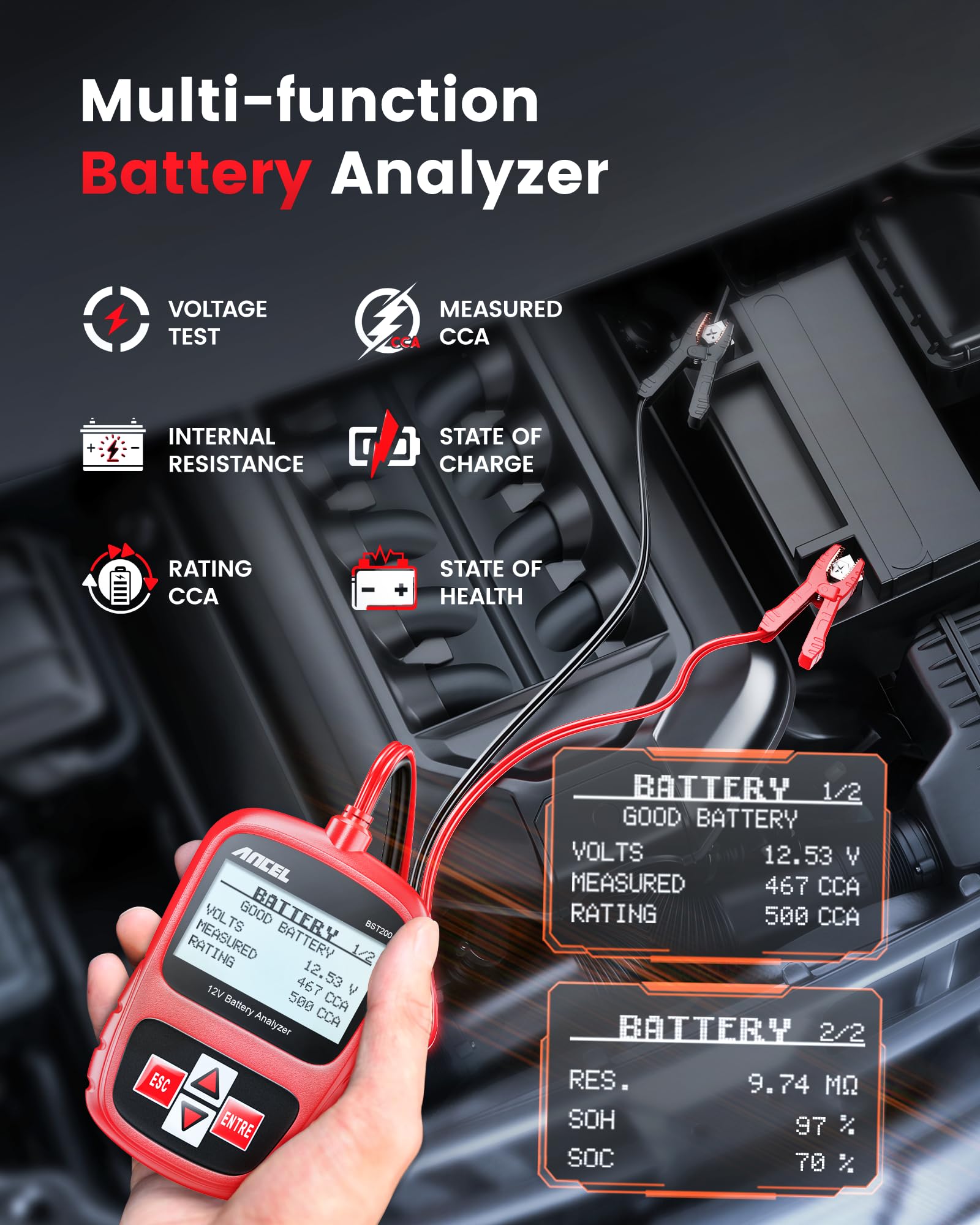 ANCEL BST200 Car Battery Tester 12V 100-1100 CCA Automotive Bad Cell Load Test Tool Digital Analyzer Tester for Car Truck Motorcycle SUV Boat and More