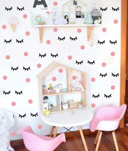 iarttop lovely eyelash wall decal with pink dots wall sticker (98pcs), adorable sleepy eye eyelash vinyl decal for kids bedroom decor, sleepy lash decals wall art makeup sticker for girls room