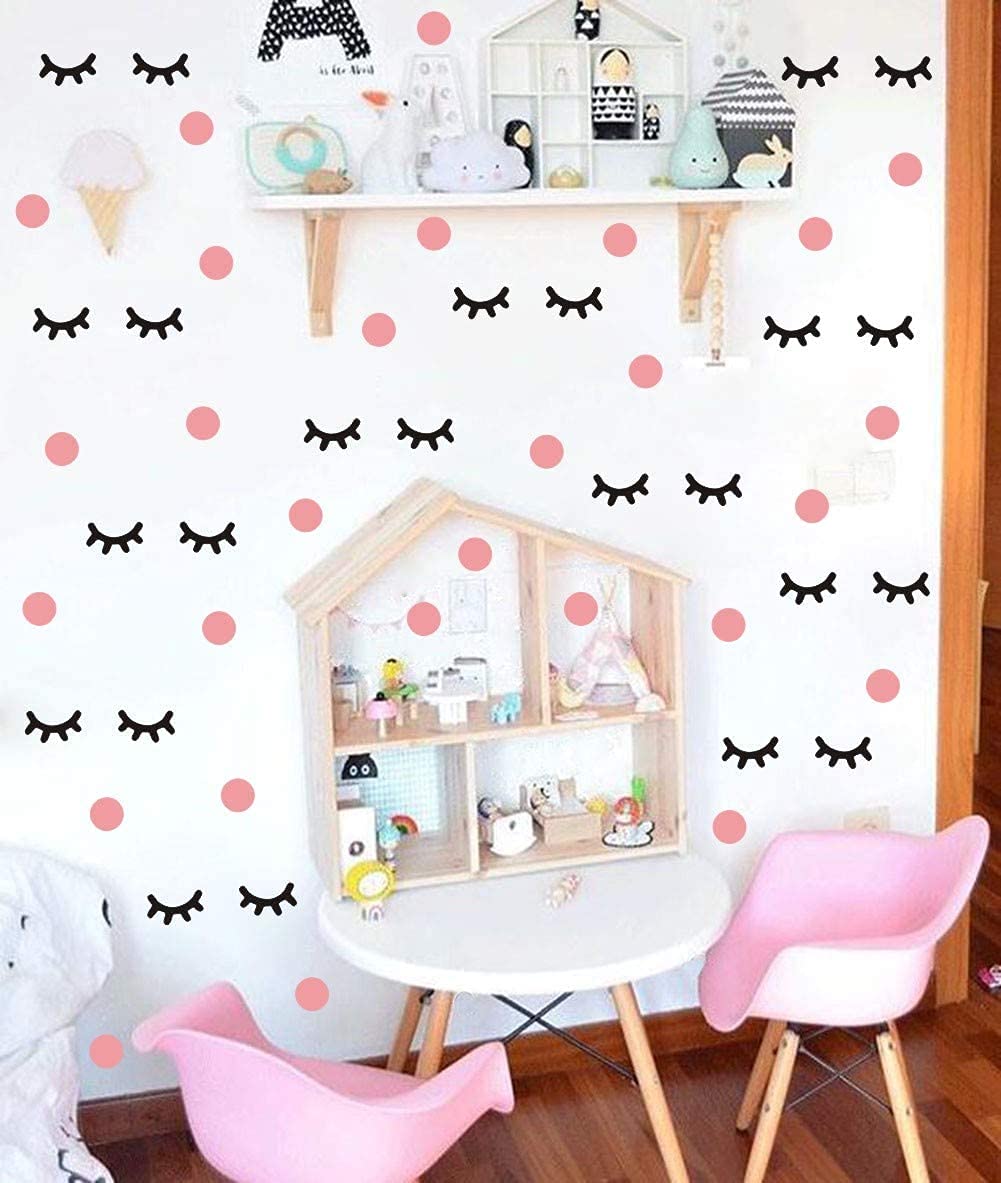 IARTTOP Lovely Eyelash Wall Decal with Pink Dots Wall Sticker (98Pcs), Adorable Sleepy Eye Eyelash Vinyl Decal for Kids Bedroom Decor, Sleepy Lash Decals Wall Art Makeup Sticker for Girls Room