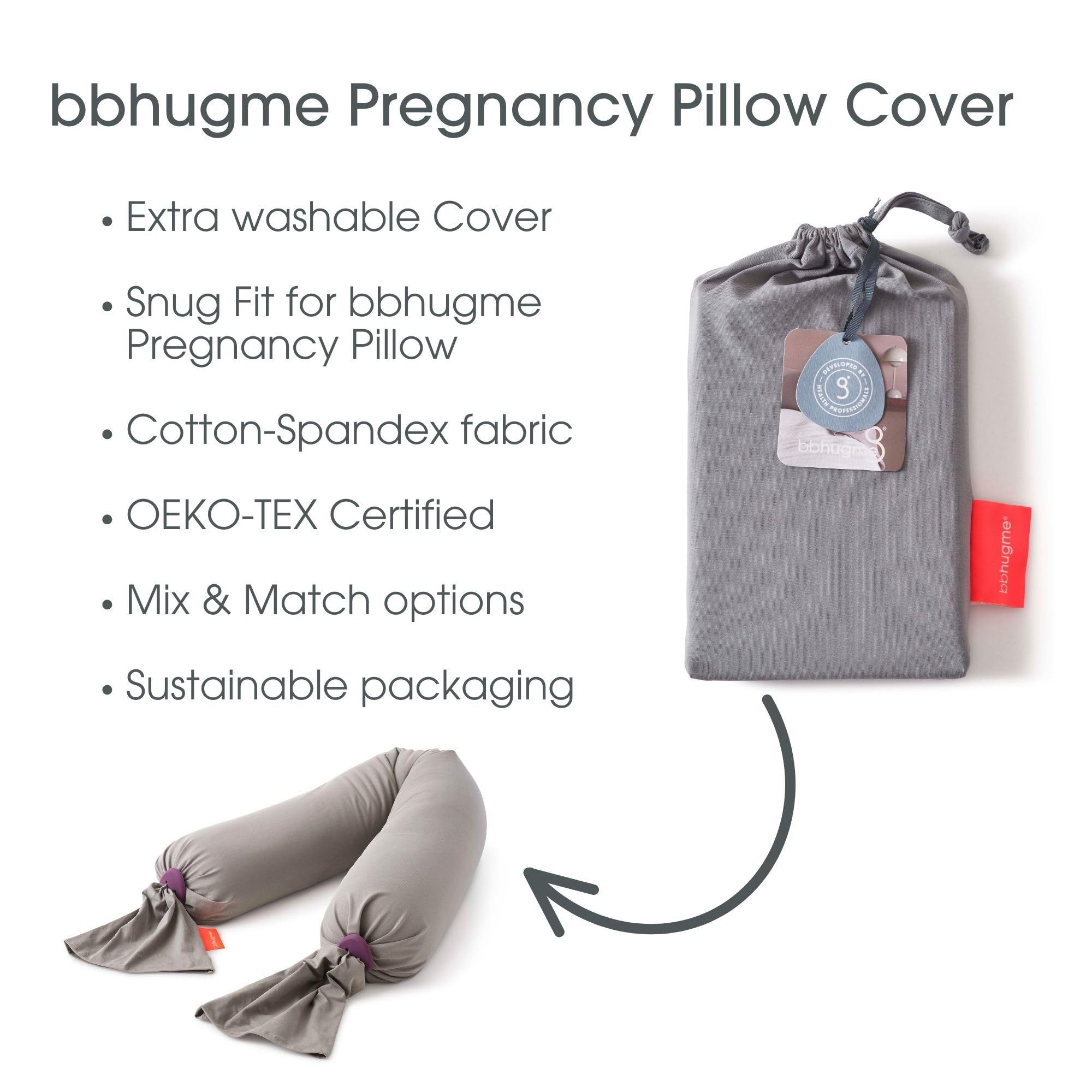 bbhugme Pregnancy Pillow Cover - Cotton Jersey Fabric - Fits Pregnancy Pillow for Side Sleeping - Cover Only, Pregnancy Pillow Sold Separately, Stone