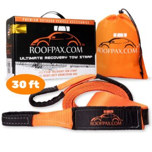 Tow Strap by RoofPax | 3" x 30 ft. Off Road Recovery Rope | 30,180 lb Break Strength Capacity | Heavy Duty Winch Strap with Triple Reinforced End Loops | Essential Recovery Kit for Getting Off-Road