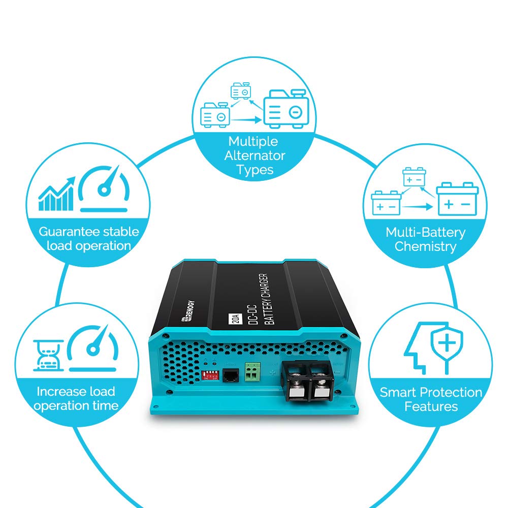 Renogy 12V 20A DC to DC On-Board Battery Charger for Flooded, Gel, AGM, and Lithium, Using Multi-Stage Charging in RVs, Commercial Vehicles, Boats, Yachts, 20A