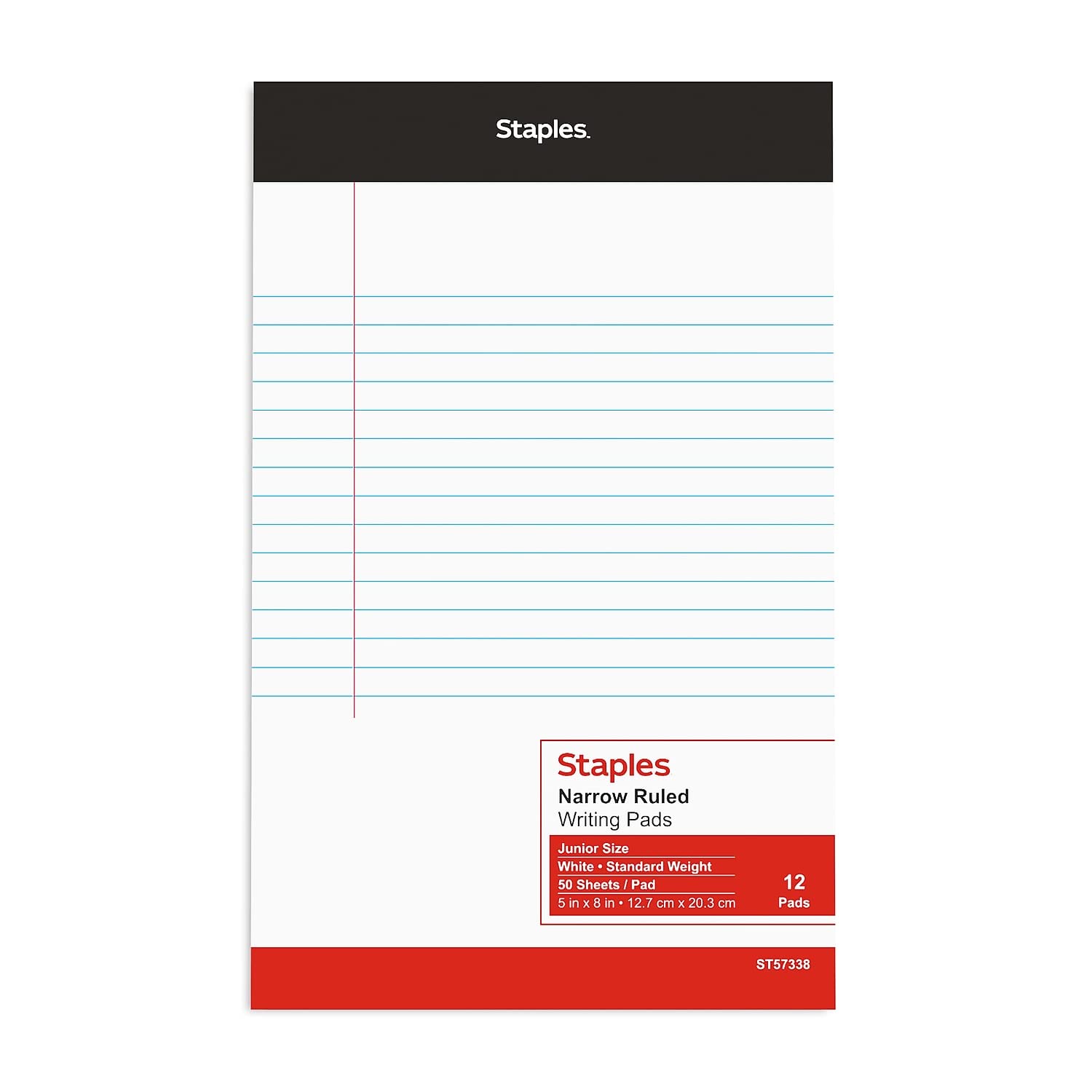 STAPLES TRU RED Notepad, 5" x 8", Narrow Ruled, White, 50 Sheets/Pad, Dozen Pads/Pack (TR57338)