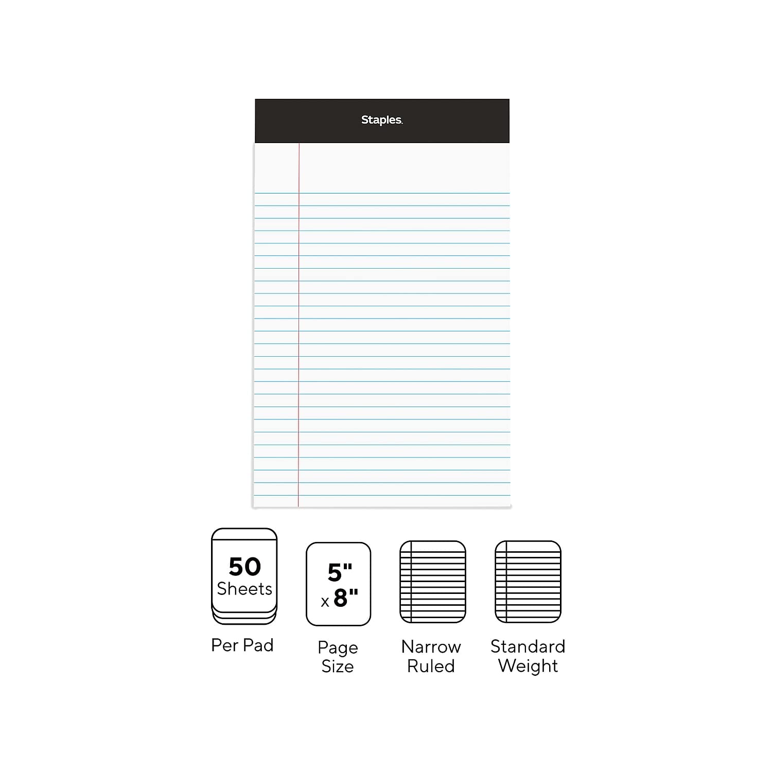 STAPLES TRU RED Notepad, 5" x 8", Narrow Ruled, White, 50 Sheets/Pad, Dozen Pads/Pack (TR57338)