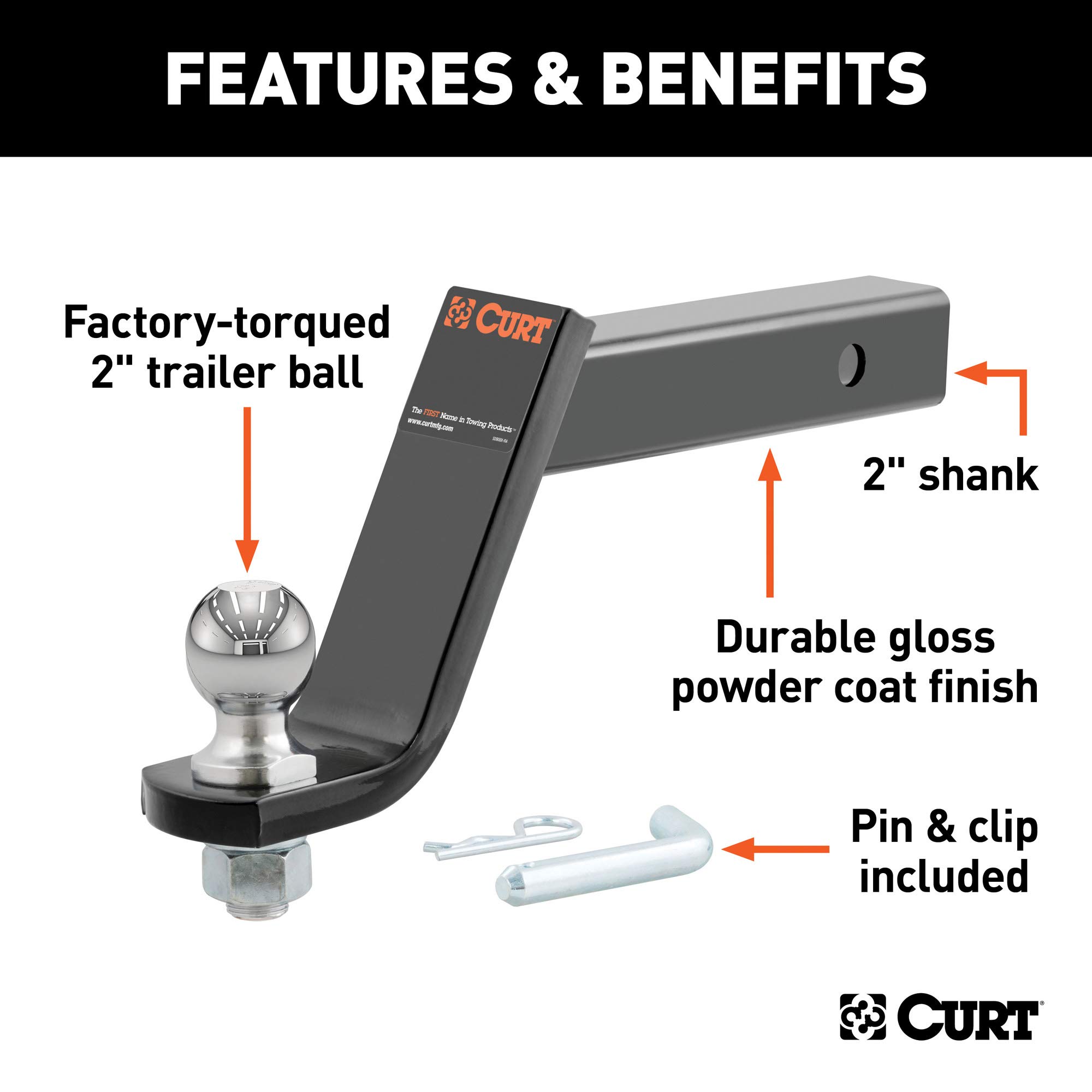 CURT 45064 Lifted Truck Trailer Hitch Mount with 2-Inch Ball & Pin, Fits 2-in Receiver, 7,500 lbs, 6-Inch Drop, Black