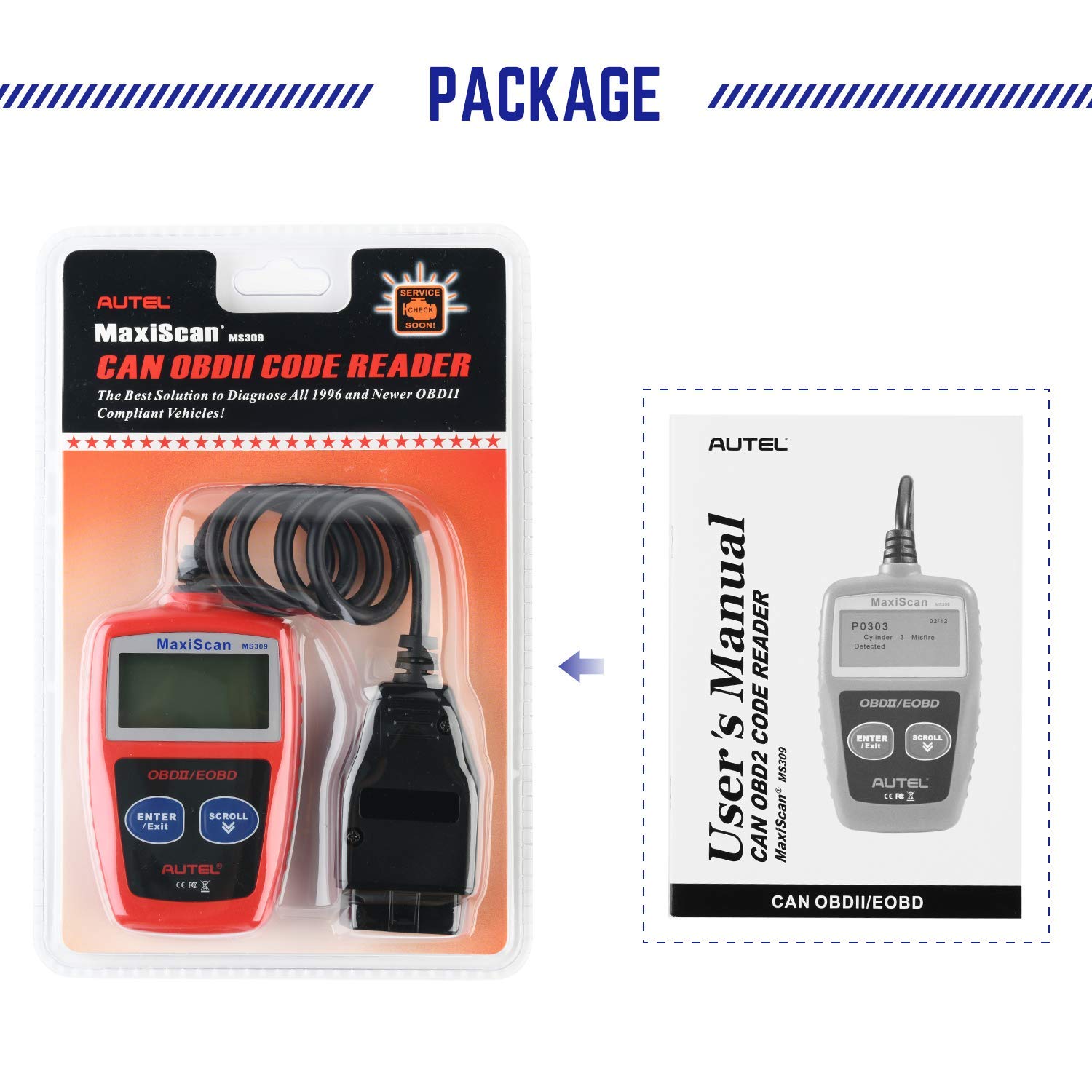 Autel OBD2 Scanner MS309 Universal Car Engine Fault Code Reader, Check Engine Light and Emission Monitor Status, OBDII CAN Diagnostic Scan Tool