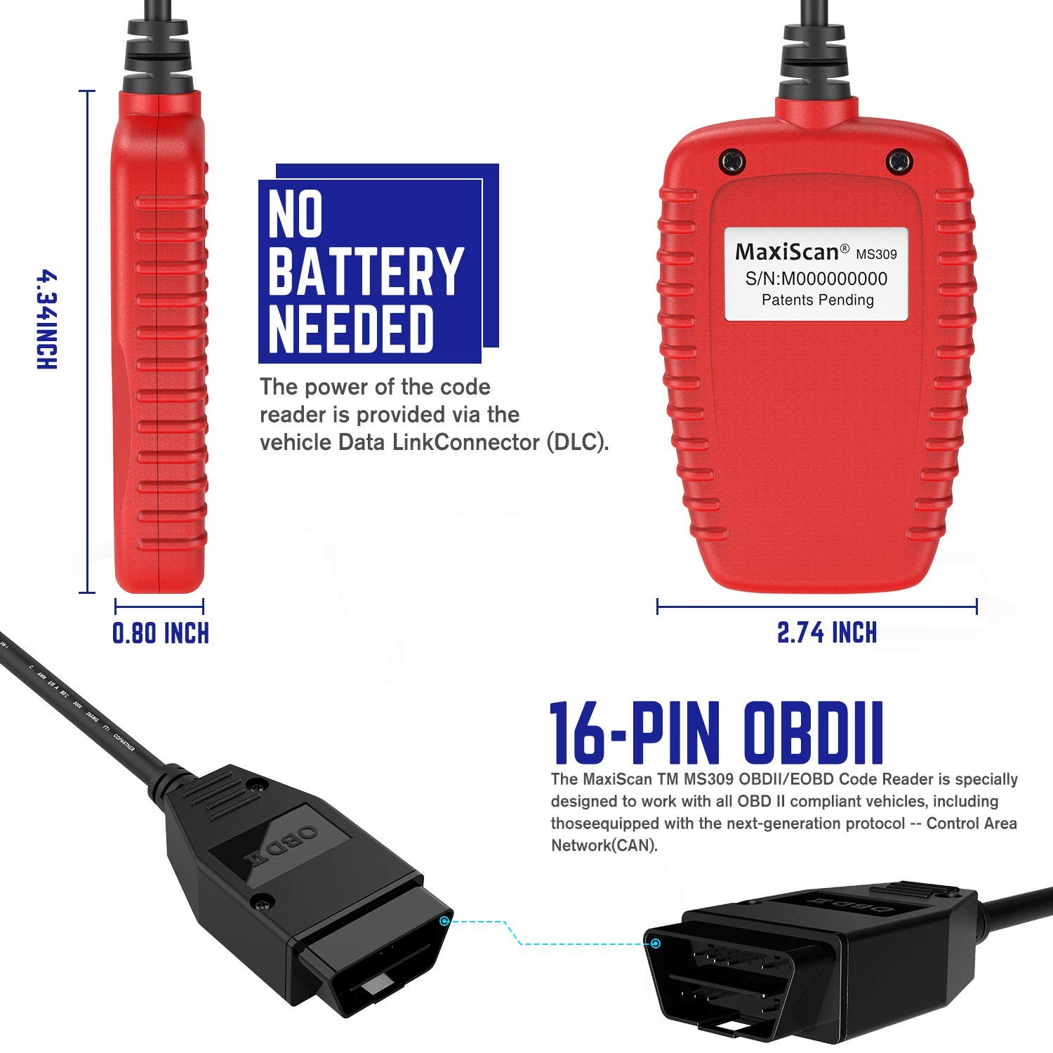 Autel OBD2 Scanner MS309 Universal Car Engine Fault Code Reader, Check Engine Light and Emission Monitor Status, OBDII CAN Diagnostic Scan Tool