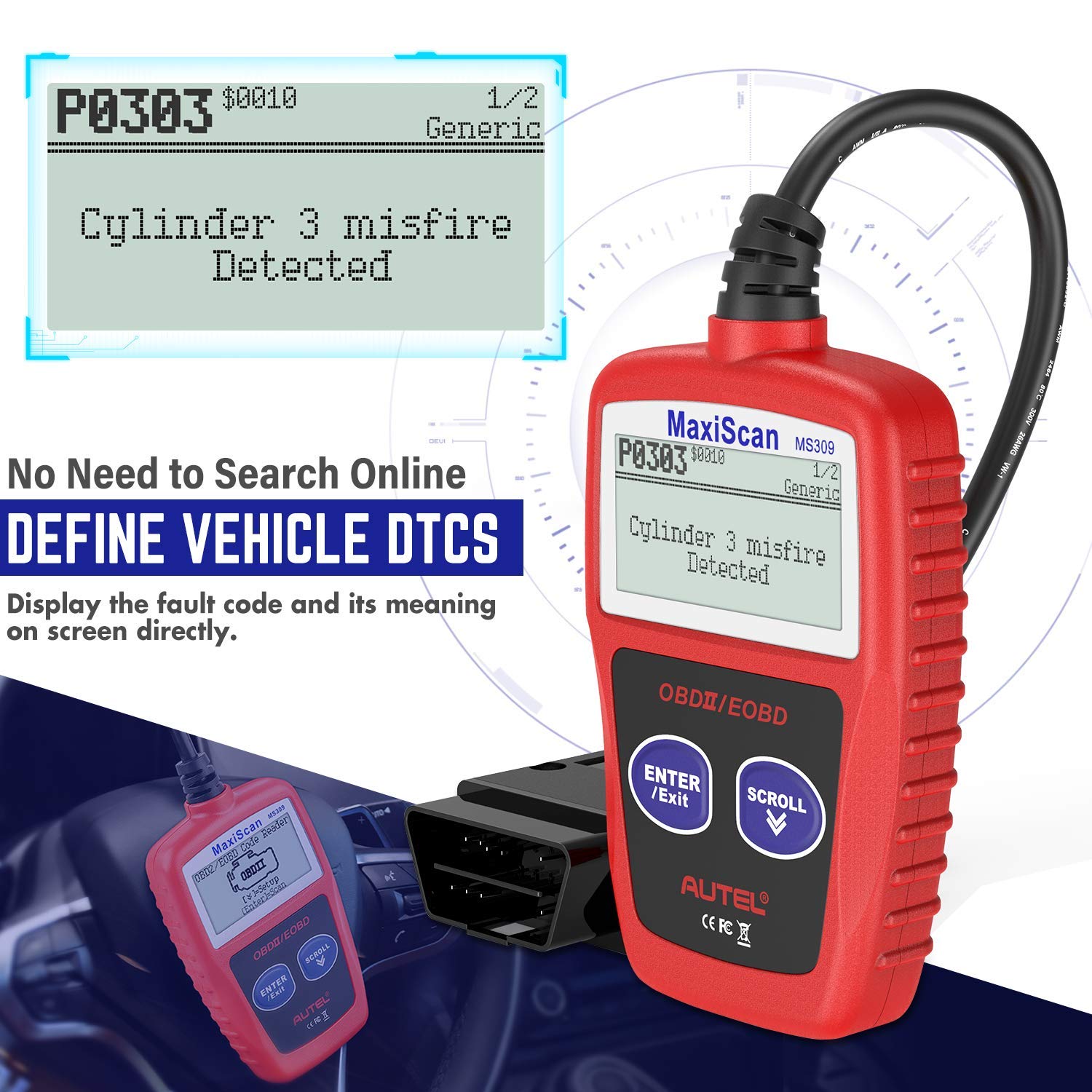 Autel OBD2 Scanner MS309 Universal Car Engine Fault Code Reader, Check Engine Light and Emission Monitor Status, OBDII CAN Diagnostic Scan Tool