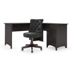 Bush Furniture Salinas 60W L Shaped Desk with Mid Back Tufted Office Chair in Vintage Black