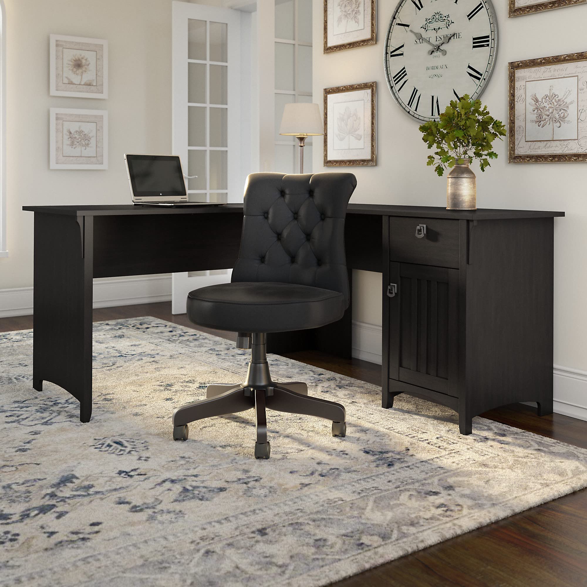 Bush Furniture Salinas 60W L Shaped Desk with Mid Back Tufted Office Chair in Vintage Black