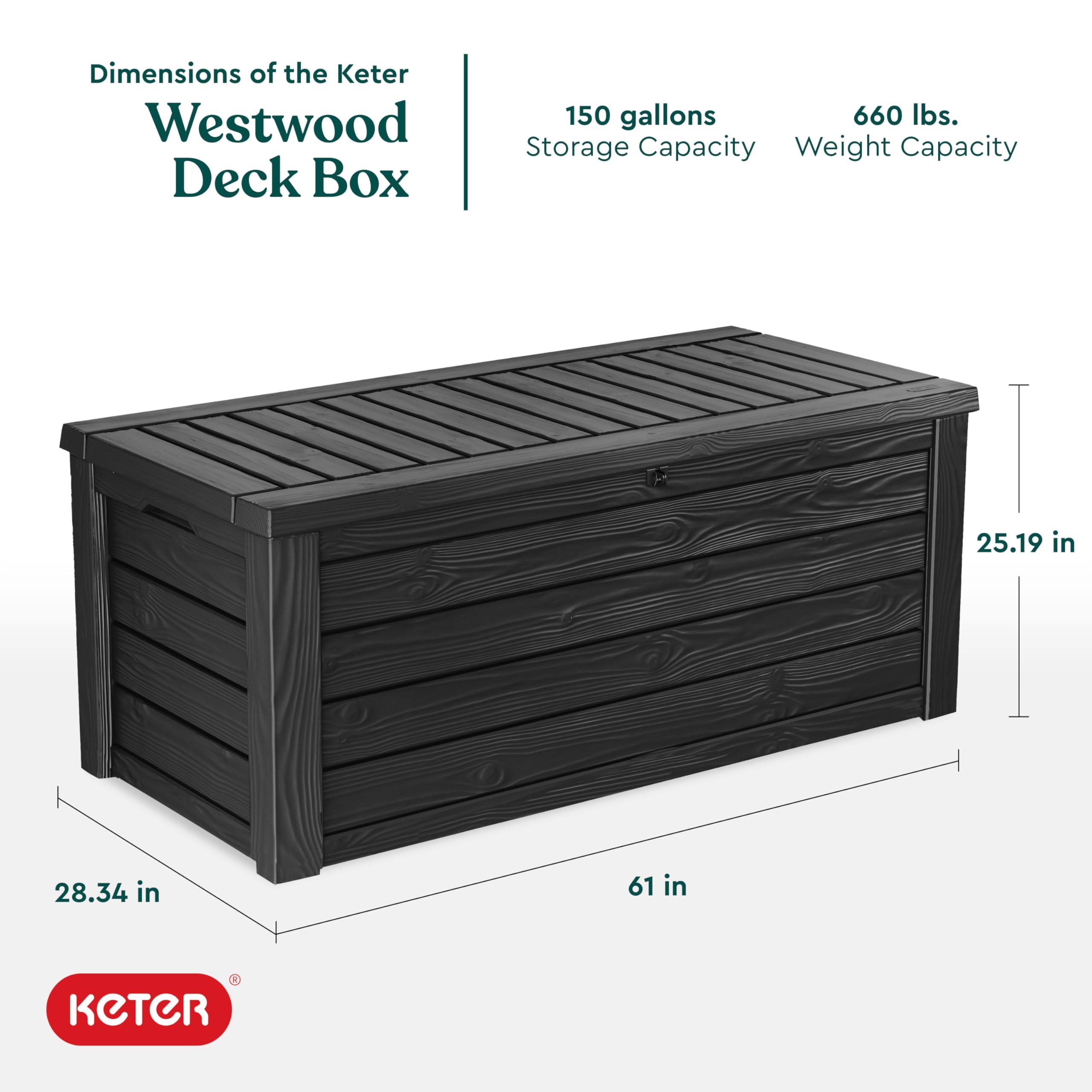 Keter Westwood 150 Gallon Plastic Outdoor Furniture Storage Deck Box, Dark Gray