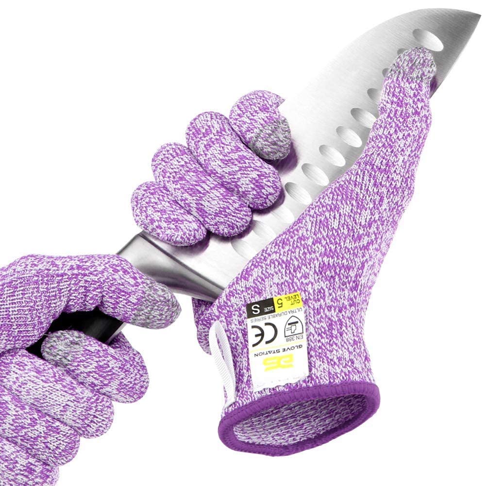 Glove Station Ultra Durable Series Cut Resistant Gloves - Cutting Gloves for Chefs, BBQ and Cooking - Level 5 Protection; Food Grade Safe Cut Proof Gloves - Purple, Medium Size