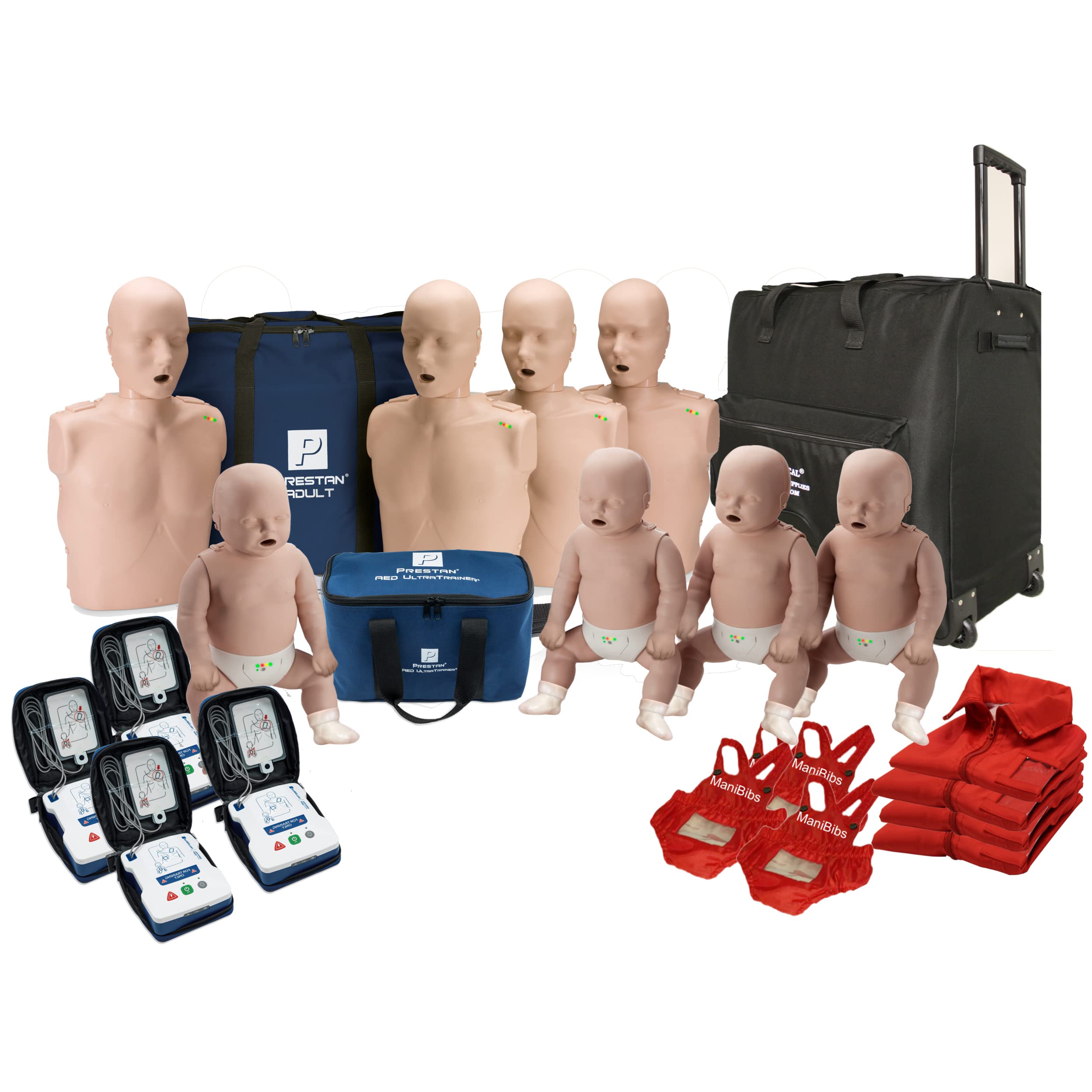 MCR Medical PRESTAN CPR Adult Manikin 4-Pack w. Feedback, Infant Manikin 4-Pack w. Feedback, AED UltraTrainers, Wheeled Carryall, & MCR Accessories