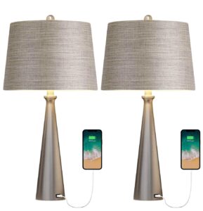 oneach 25.75" modern usb table lamp set of 2 for living room bedroom bedside nightstand lamps fabric shade accent light silver