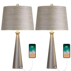 Oneach 25.75" Modern USB Table Lamp Set of 2 for Living Room Bedroom Bedside Nightstand Lamps Fabric Shade Accent Light Silver