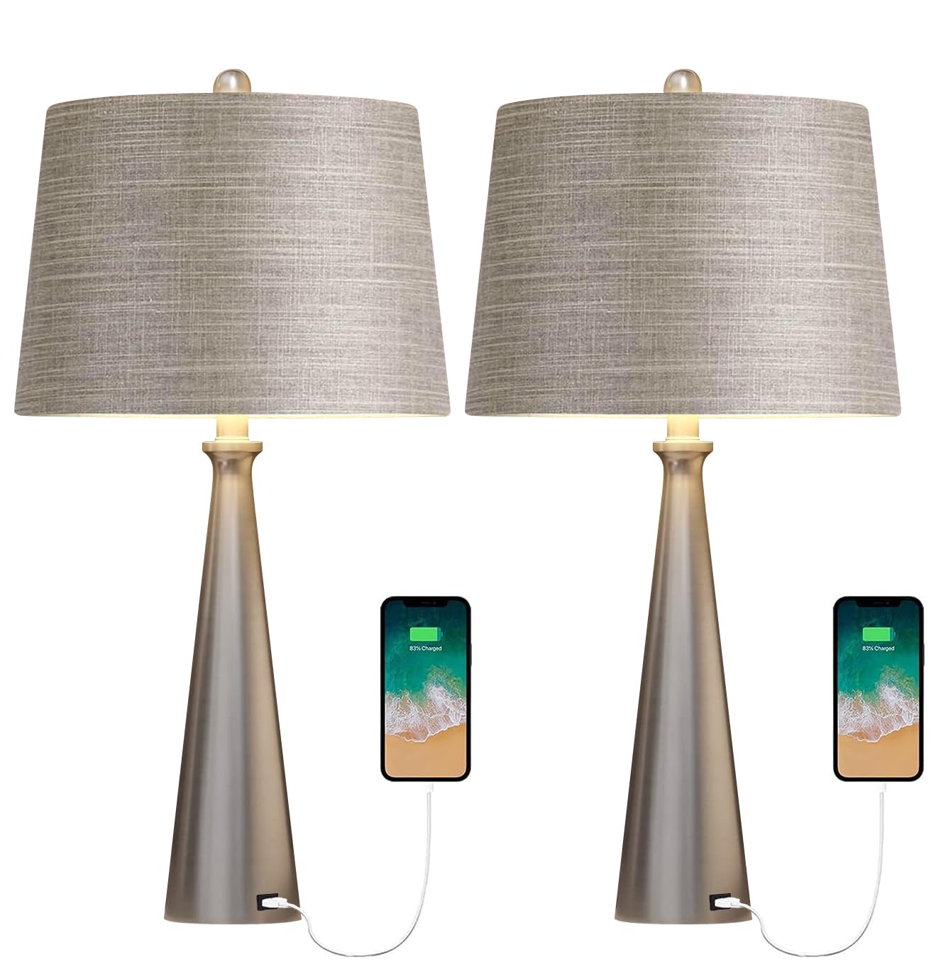 Oneach 25.75" Modern USB Table Lamp Set of 2 for Living Room Bedroom Bedside Nightstand Lamps Fabric Shade Accent Light Silver