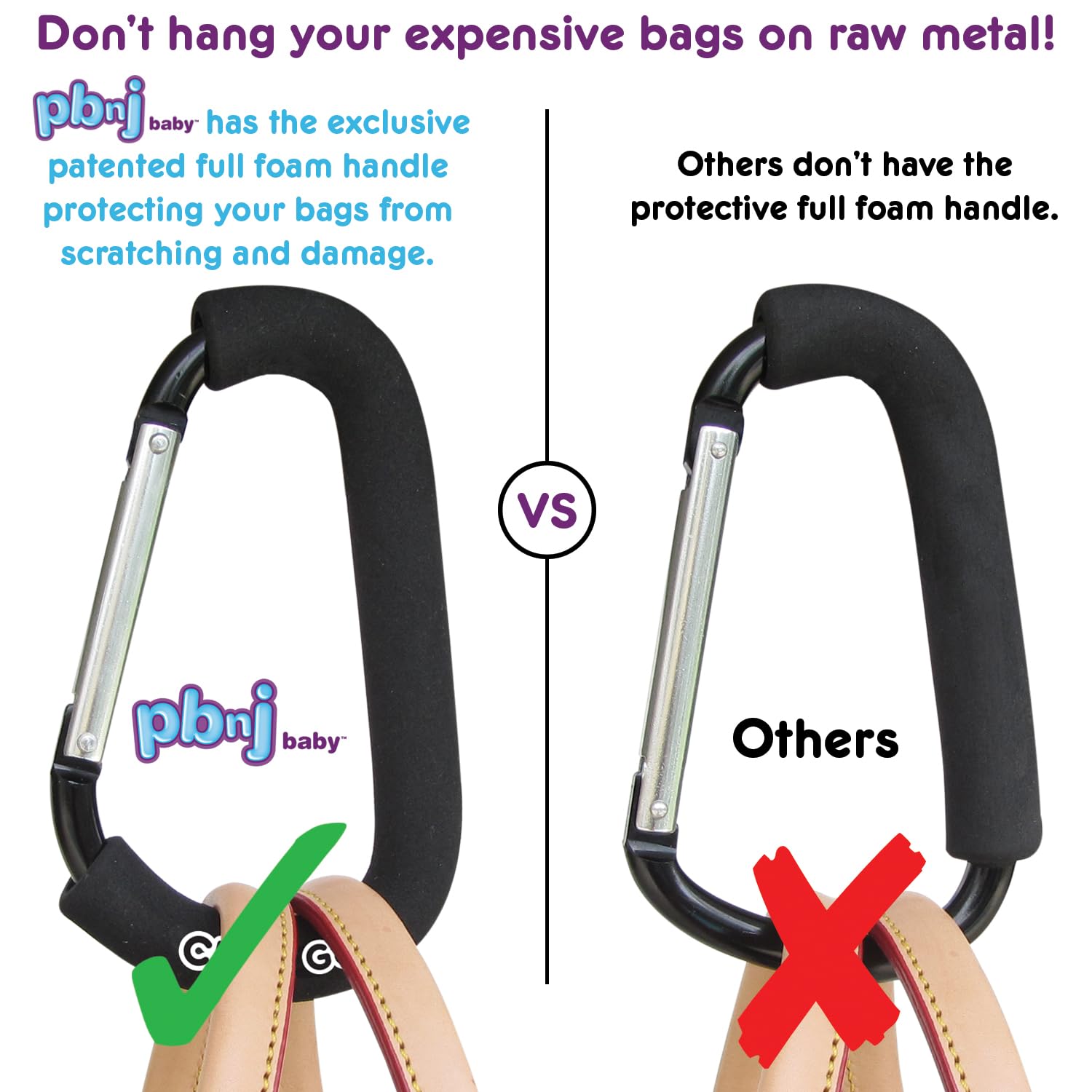 PBnJ baby Stroller Hooks for Hanging Diaper Bags - Mommy Stroller Clip and Stroller Accessories Organizer Hook - Large Carabiner Clips for Mom Purse Shopping Grocery Bag and Accessory - (1 Pack)